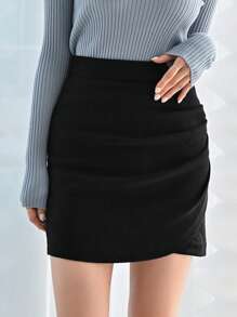 DAZY Solid Ruched Side Tulip Hem Skirt Fall Skirts - Black - View 3