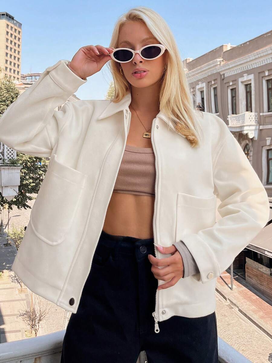 EURMUSE Women's Solid Color Drop Shoulder Long Sleeve Zipper Front Casual Wool Blend Jacket, Autumn/Winter - Beige - View 1