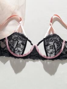 SHEIN Floral Lace Underwire Garter Lingerie Set - Black - View 3