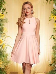 ANGEL FASHIONS Chất rắn Đường viền lỗ khóa Váy Dây - Hồng - Xem 6