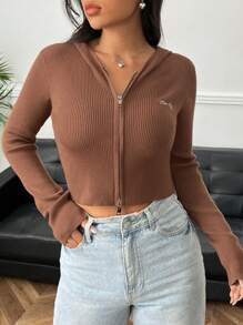 SHEIN EZwear 拉鏈開襟連帽開襟衫 - 紅木色 - 查看 1