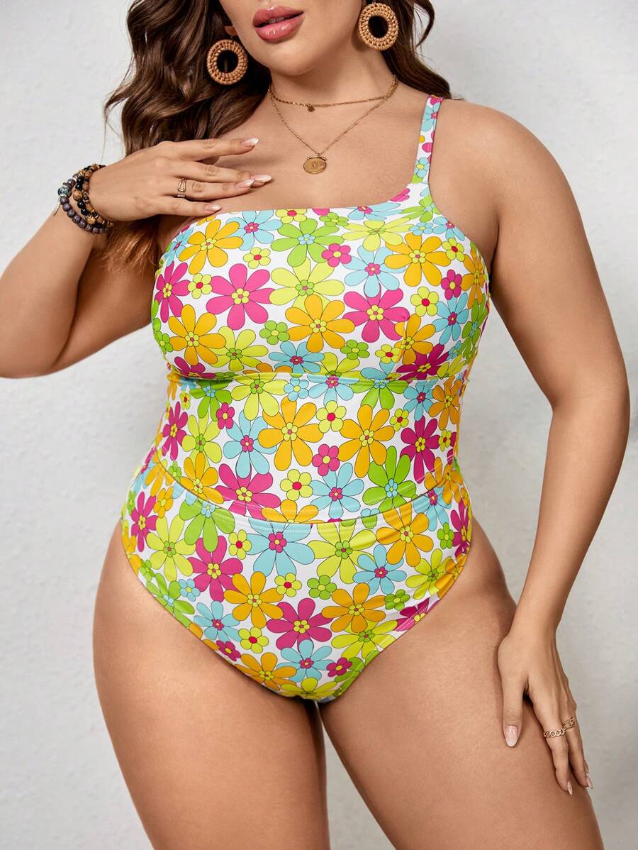SHEIN Swim Curve Tankini in hoa một bên vai cỡ lớn, cho kỳ nghỉ hè ở bãi biển - Nhiều màu - Xem 1
