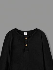 SHEIN Leap Crew Giải trí Dệt kim Chàng trai trẻ Thoải mái 1/4 Dây kéo Màu thuần Áo thun , 3pcs Đóng gói , Một Nút Áo sơ mi - Đen và trắng - Xem 7
