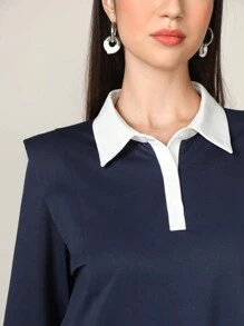 Seusyu Contrast Collar Polo Neck Sweatshirt Dress - Purple - View 4