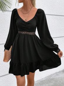 SHEIN VCAY Chèn ren Guipure Xù Hoa Sen Đầm - màu đen - Xem 3