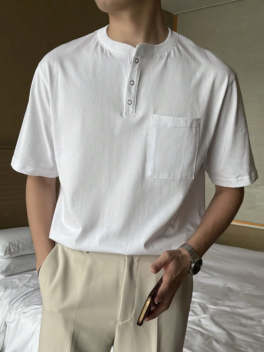 DAZY Áo thun nam có túi nửa nút - trắng - Xem 1