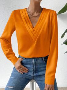 SHEIN Privé 素色V領襯衫 - 橘色 - 查看 3