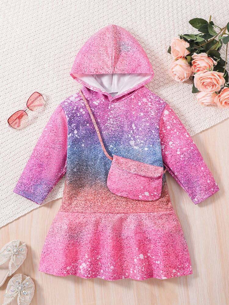 Young Girl Ombre Print Hooded Ruffle Hem Dress With Bag