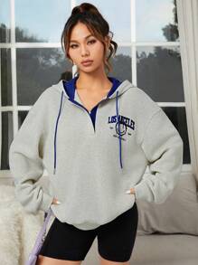 SHEIN EZwear Letter Embroidery Drop Shoulder Drawstring Hoodie In Fall/Winter - Grey - View 1