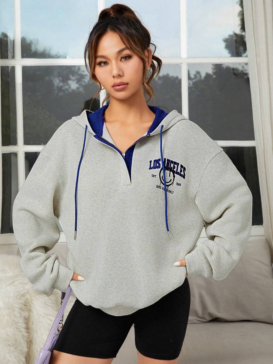 SHEIN EZwear Letter Embroidery Drop Shoulder Drawstring Hoodie In Fall/Winter - Grey - View 1