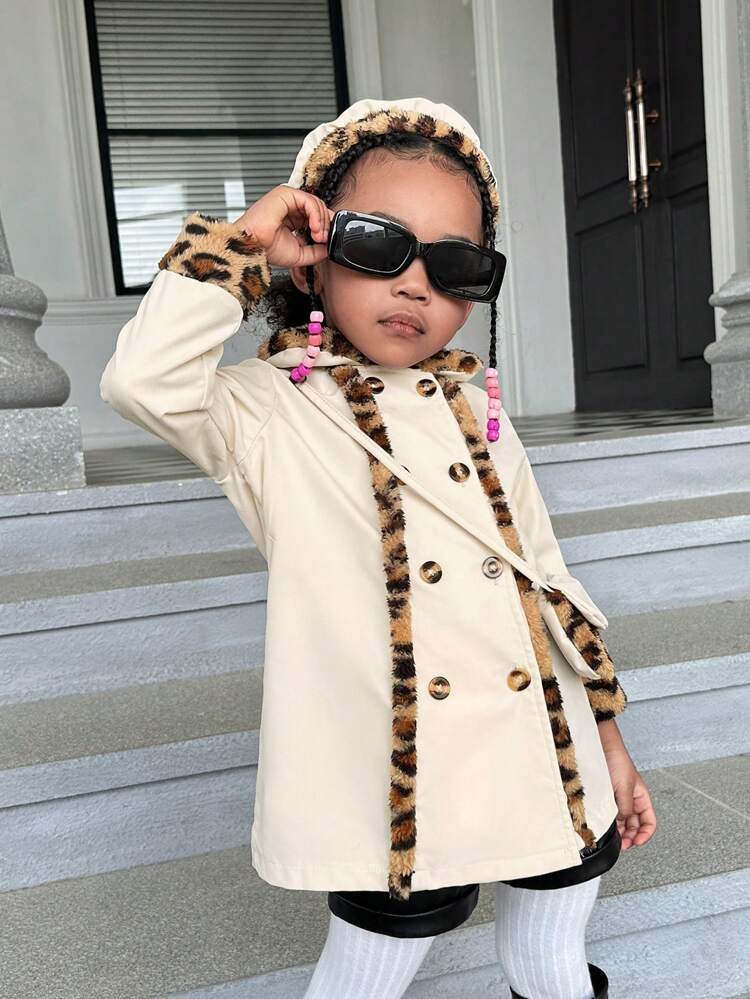 Young Girl Leopard Print Double Breasted Coat With Bag