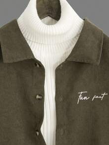 男大童字母刺繡翻蓋口袋燈芯絨襯衫和褲子無毛衣 - 軍綠色 - 查看 3