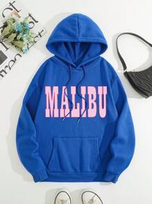 SHEIN LUNE Đồ họa Chữ cái Túi kangaroo Dây rút Lót nhiệt Hoodie - Màu xanh lam - Xem 1