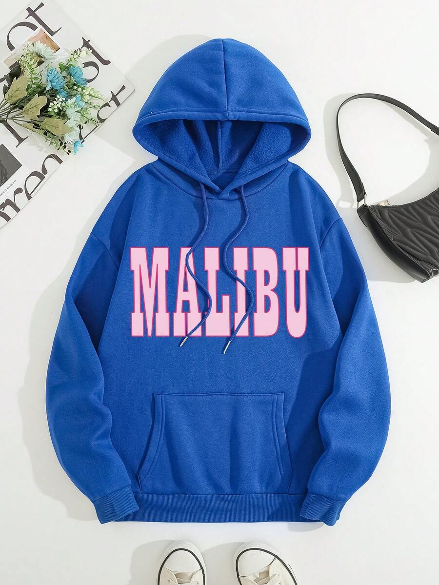 SHEIN LUNE Đồ họa Chữ cái Túi kangaroo Dây rút Lót nhiệt Hoodie - Màu xanh lam - Xem 1