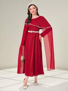 Al Najma Burgundy Red Contrast Mesh Cloak Sleeve Rhinestone Detail Dress Without Belt Kaftan Jalabiya Dress - Burgundy - View 2
