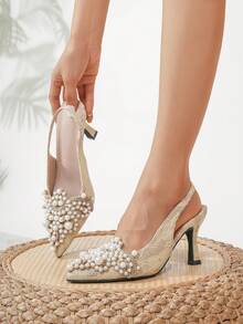 女性珍珠&水鑽裝飾的華麗婚禮高跟鞋,性感尖頭派對禮服高跟鞋,隨機有圖案的鞋表面 - 杏色 - 查看 4