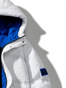 Men Letter Patched Zip Up Hooded Padded Coat - White - View 3