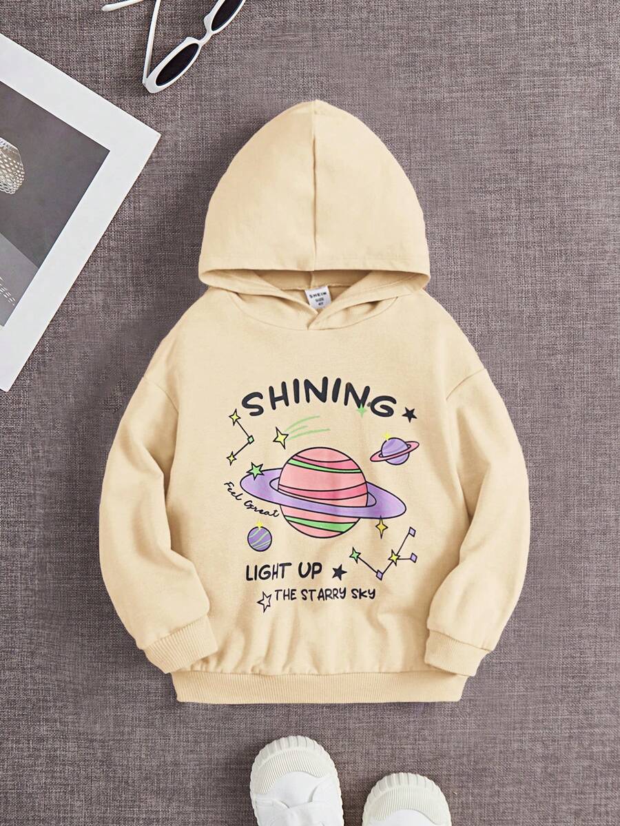 SHEIN 年轻女孩星球标语图案卫衣 - 杏色 - 查看 1