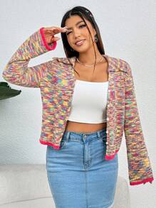 SHEIN EZwear Plus Space Dye Contrast Binding Button Front Cardigan - Multicolor - View 5