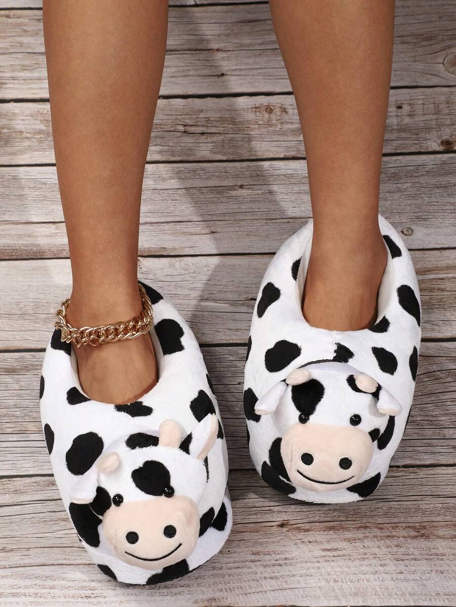 Zapatos Divertido con diseño de vaca Zapatillas con tacón para casa , cálido - Blanco y Negro - Ver 1