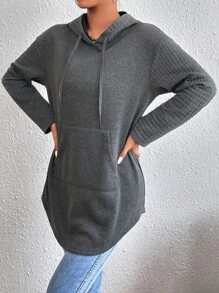 SHEIN Essnce Drop Shoulder Curved Hem Drawstring Hoodie - Dark Grey - View 1