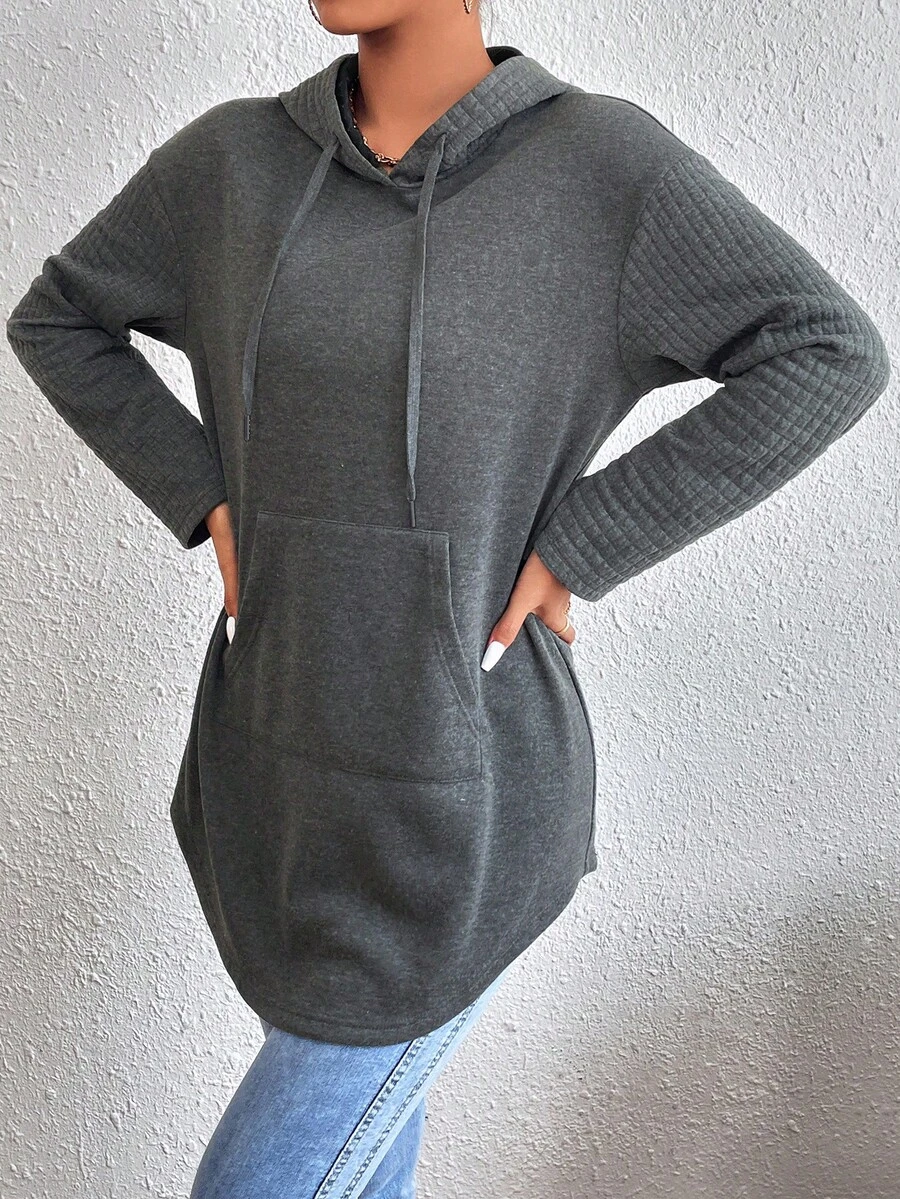 SHEIN Essnce Drop Shoulder Curved Hem Drawstring Hoodie - Dark Grey - View 1