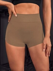 Easithlete 无缝褶皱臀部宽带腰部褶皱后背运动短裤紧身短裤女士运动短裤、健身短裤、骑行短裤 - 卡其色 - 查看 2