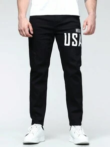 Manfinity Homme Men Plus Slogan Graphic Slant Pocket Jeans - Black - View 3