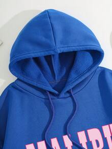 SHEIN LUNE Đồ họa Chữ cái Túi kangaroo Dây rút Lót nhiệt Hoodie - Màu xanh lam - Xem 5