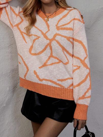 SHEIN LUNE Floral Pattern Drop Shoulder Knit Pullover Fall Winter Sweater