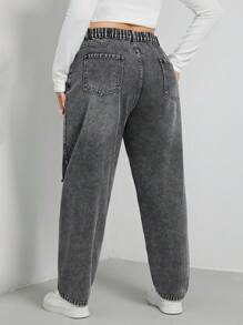 SHEIN EZwear 高腰破洞直筒男友风牛仔裤 - 淺灰色 - 查看 2