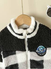 Baby Boy Plaid Print Patch Detail Teddy Coat