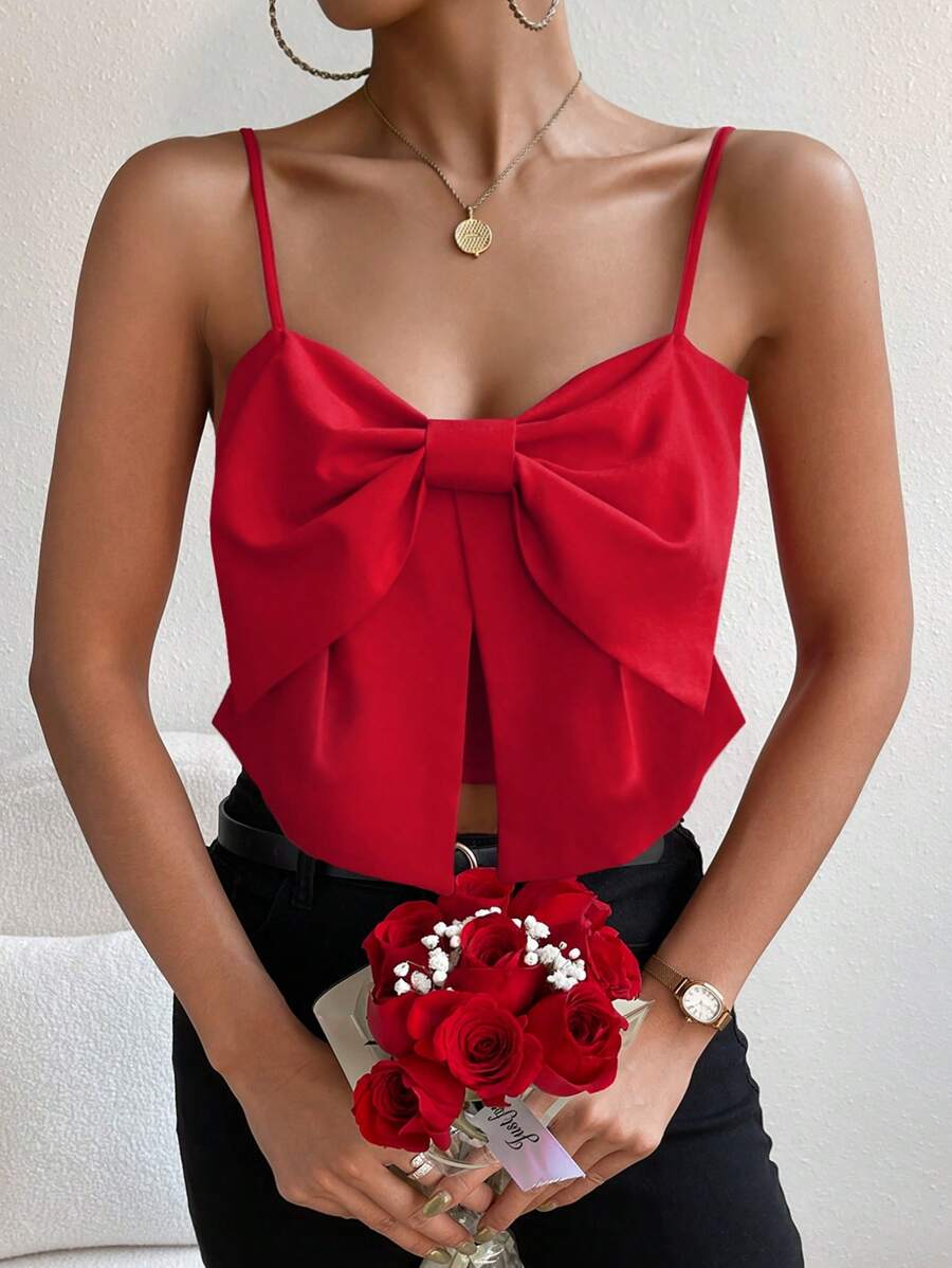 Chiquease Big Bow Front Shirred Back Cami Top - Red - View 1
