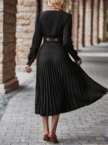 SHEIN Clasi Contrast Lace Pleated Hem Dress - Black - View 2