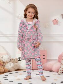 SHEIN Young Girl Heart Print Hooded Belted Flannel Robe & Top & Pants PJ Set - Grey - View 3