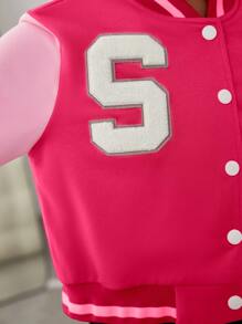 SHEIN Tween Girl Letter Patched Striped Trim Colorblock Varsity Jacket, Pink Jacket For Teen Girls, Letterman Jacket For Girls, Girls Varsity Jacket, Tween Varsity Jacket - Hot Pink - View 6