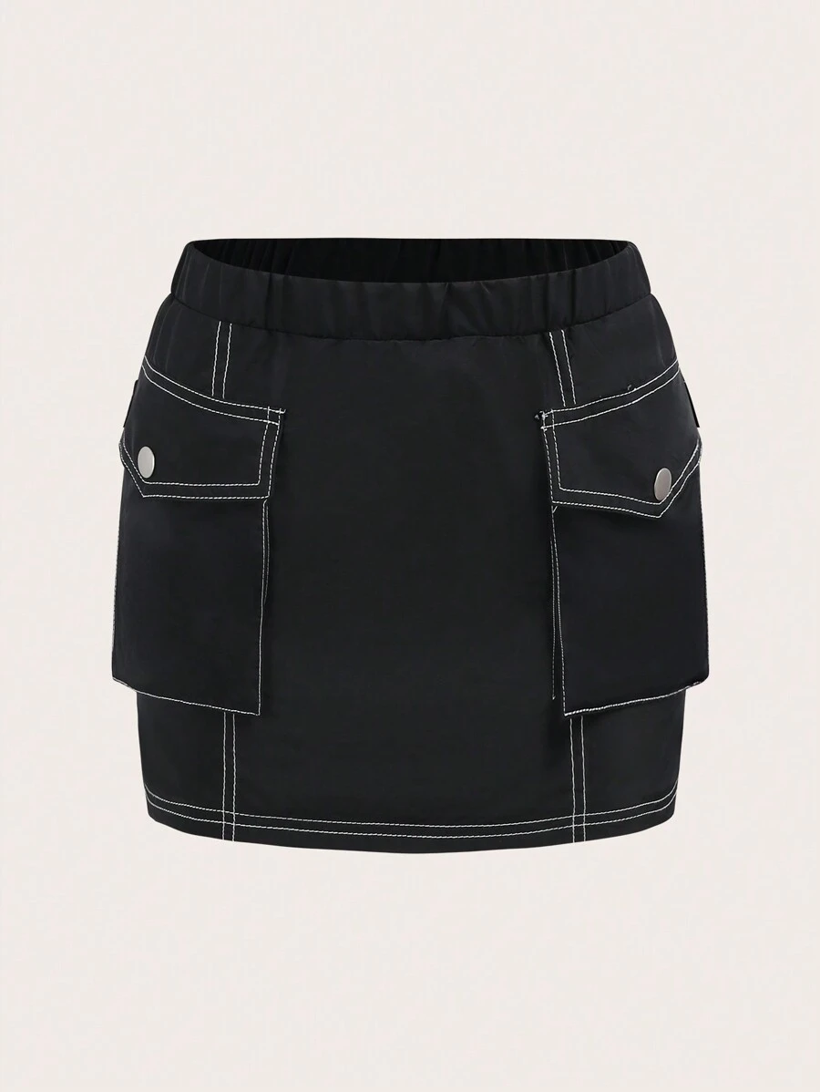 SHEIN ICON 拼接頂針翻蓋口袋工裝裙 - 黑色 - 查看 1