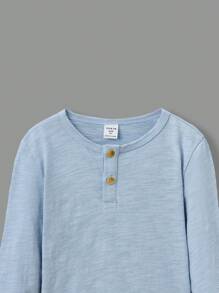 SHEIN 年輕男孩休閒針織半扣實色T卹，3入組季度扣領上衣 - 藍白色 - 查看 9