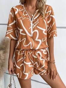 SHEIN LUNE Allover Print Drop Shoulder Blouse & Shorts - Khaki - View 6
