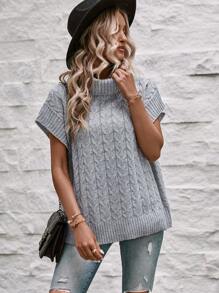 SHEIN LUNE Turtleneck Batwing Sleeve Cable Knit Sweater Vest - Grey - View 6