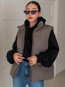 DAZY Zip Up Padded Vest Thick Pockets Coat, Women Winter Coat Jacket - Coffee Brown - View 6