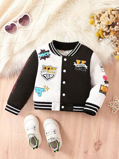 Baby Girl Letter Graphic Striped Trim Varsity Jacket