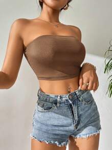SHEIN PETITE Áo nữ màu trơn Giải trí - màu nâu - Xem 4