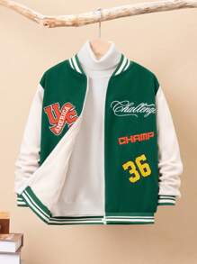 SHEIN Tween Boy Letter Embroidery Varsity Jacket Without Hoodie - Green - View 6