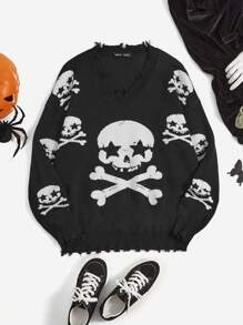 SHEIN EZwear Halloween Hình đầu lâu Thả vai Đau khổ Cắt tỉa Áo len - Đen và trắng - Xem 1