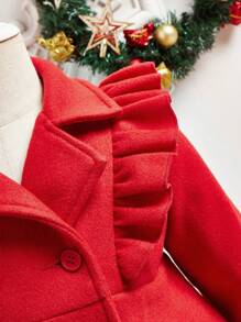 SHEIN Baby Girl Ruffle Trim Double Breasted Coat - Red - View 3