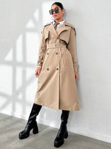 SHEIN Unity Đôi ngực Tự khóa Thắt lưng Áo khoác Trench - Màu be - Xem 4