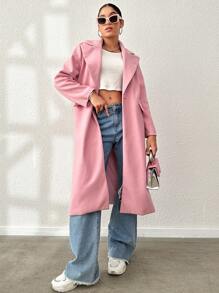SHEIN Unity Lapel Neck Flap Detail Overcoat - Pink - View 4