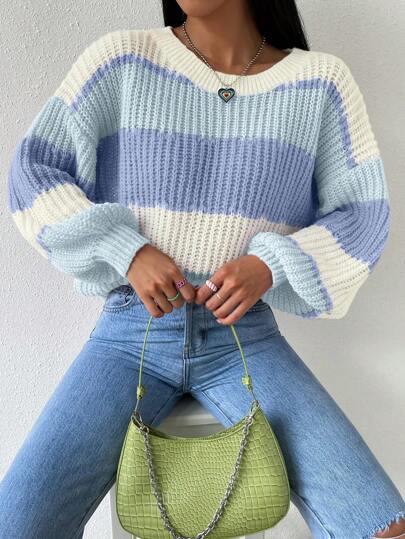 Calvaya Colorblock Rib-Knit Drop Shoulder Sweater,Long Sleeve Tops Knit Pullover Fall Winter Outfit