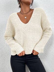 SHEIN LUNE V Neck Drop Shoulder Ribbed Knit Sweater,Long Sleeve Tops Knit Pullover Fall Winter Sweater - Beige - View 6